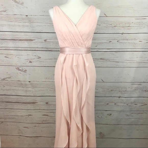 Vera Wang Blush Chiffon Formal V Neck Flange Maxi Bridesmaids Bridal Dress - Picture 7 of 9